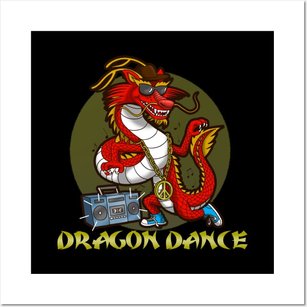 Funny Cool Cute Dancing Dragon Retro 80's 90's Music Boombox Urban Chinese New Year 2024 Cartoon Wall Art by BoggsNicolas